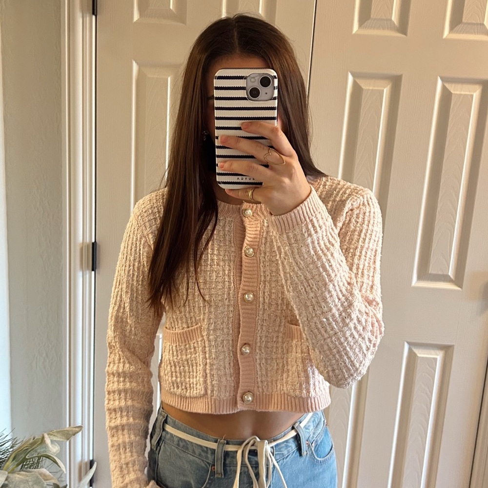 Francesca’s Pink Cropped Button Up Sweater